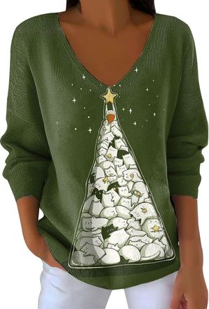 Generic Christmas Jumpers for Women Trendy V Neck Xmas Knitted Jumpers Funny Christmas Tree Holiday Sweaters Plus Size Ribbed Knit Pullover Tops Comfy Festive