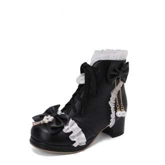 Generic Womens PU Leather Ankle Boots Bow Pearl Detail Round Toe Chain Ruffled Lace Trim Two Tone Block Heels Lace Up Soft Lining Durable Outsole,Black,6.5 UK