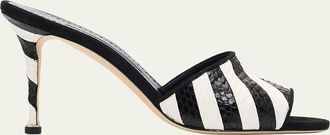 Manolo Blahnik 90mm Larache Striped Embossed Leather Mule Sandals