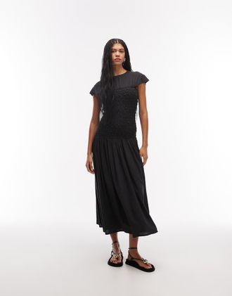 Asos Vestito midi girocollo blu navy con corpino arricciato popcorn