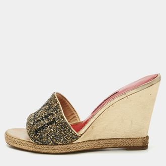 Carolina Herrera Metallic Glitter And Leather Wedge Espadrille Sandals
