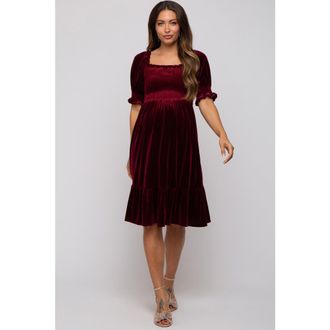 Pinkblush Velvet Smocked Puff Sleeve Dress in Burgundy at Nordstrom, Size Medium