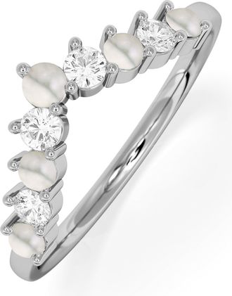 The Diamond Store Pearl and Lab Diamond Wishbone Ring in 9K White Gold