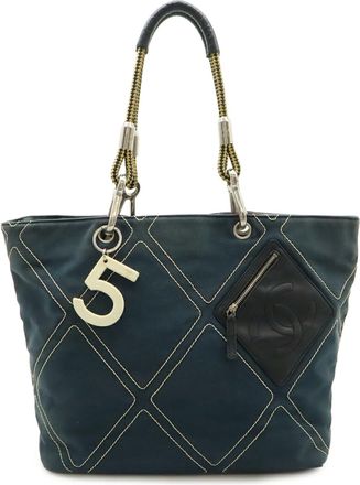 Chanel No.5 Black Navy Canvas Leather Shoulder Bag Tote Bag (Pre-Owned)