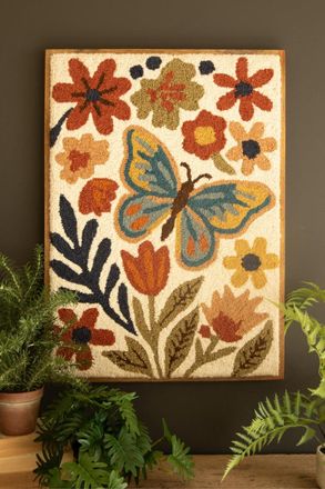 Kalalou Wood Framed Hand-Hooked Flowers & Butterfly