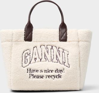 Ganni Womens Small high-pile fleece embroidered logo Tote Bag