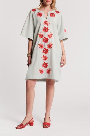 Frances Valentine Charming Caftan Mini Georgia Embroidery in Light Blue/red/pink at Nordstrom, Size X-Small