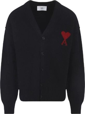 Ami Big Heart Logo Felt Merino Wool Cardigan Black Red UKC367-018-009