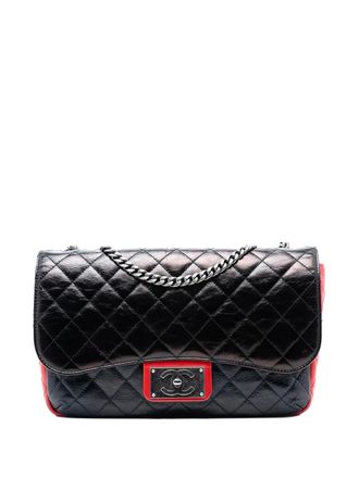 Chanel 2015-2016 Large Tricolor Quilted Glazed Calfskin CC Plate Flap crossbody bag - women - Calf Leather - One Size - Black