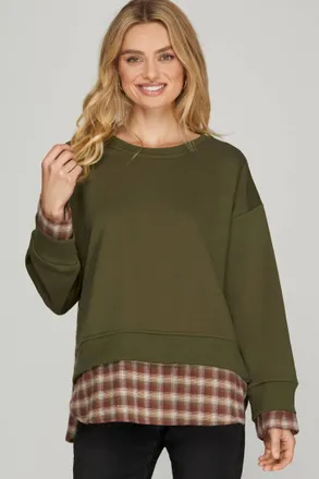 She + Sky Long Sleeve Sweatshirt With Contrast Plaid Top In Olive