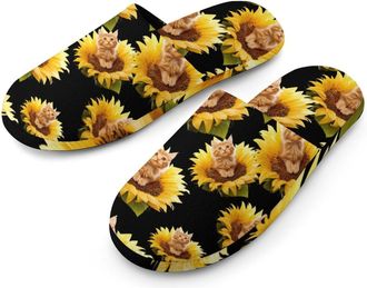 Generic Cat Sitting on Sunflower Flannel Mens Slip-on Slippers Winter Warm House Shoes with Rubber Sole for Home Hotel