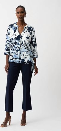 Joseph Ribkoff Floral V-Neck Pullover Top In Blue/vanilla