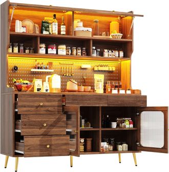 STILVORA Aparador Alto Con 1 Puerta Elevable Y Led, En Mdf Y Vidrio Acanalado, Para Cocina Y Sal&oacute;n, 145x39x171 Cm, Nogal
