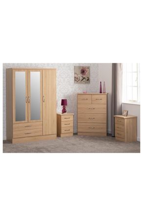 Seconique Nevada 3 Door 2 Drawer Mirrored Wardrobe Bedroom Set in Light Oak