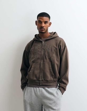 Weekday felpa con cappuccio oversize con zip e ricamo grafico virtual mission marrone