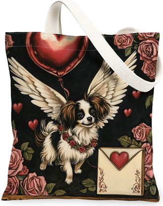 Generic Valentines Day Pug Dog Canvas Tote Bag for Shopping 13x15, Vintage Puppy Reusable Grocery Print Bag for Women, Retro Lover Beach Aesthetic Painting Gi