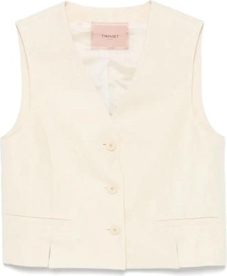 Twinset Elegant Beige Geweven Gilet Vest - Dames - Gillet - Beige - XL - Katoen - Kostuums