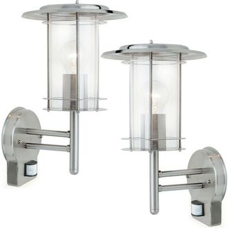 Loops 2 PACK IP44 Outdoor Wall Light Stainless Steel Lantern Glass Round PIR Outdoor in Metallics