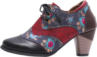 Generic Women Ankle Boots Womens Floral Bohemian Lace Up Round Toe Block Heel Ankle Boots
