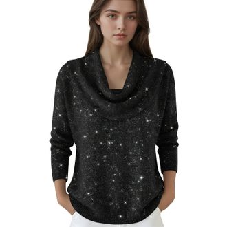 Generic Sparkle Cowl Neck Knitted Winter Jumpers for Women UK Long Sleeve Loose Fit Star Print Pullover Soft Stretchy Knit Cashmere Ladies Sweater Top for Cas