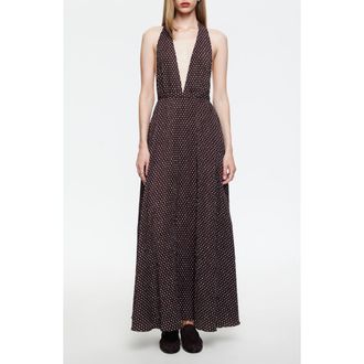 Lioness District Maxi Halter Dress in Chocolate Blue Polka at Nordstrom, Size X-Large