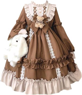 Generic Women Cute Sweet Japanese Round Neck Lolita Dress Y2K Spring and Autumn Light Kawaii Cosplay Party Long Sleeve High Waist Lolita Dresses (Coffee,S)
