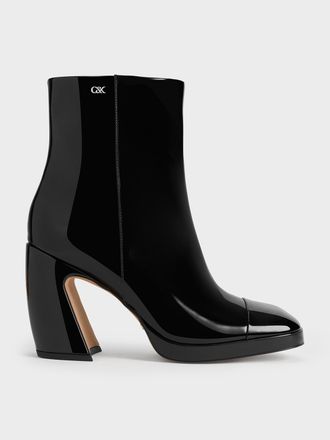 Charles & Keith Jyll Patent Leather Sculptural-Heel Ankle Boots