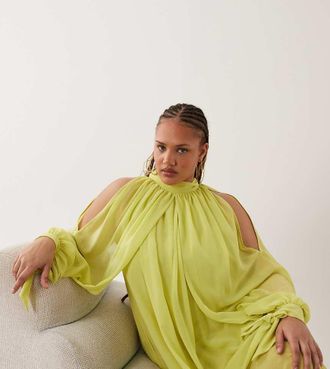 Asos Curve ASOS DESIGN Curve - Vestito corto accollato in chiffon verde lime con maniche aperte