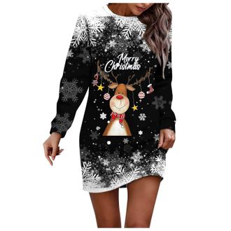 Generic Christmas Dresses for Women Ladies Christmas Dress Long Sleeve Dresses for Women UK Round Neck Xmas Graphic Print Dresse Winter Dress