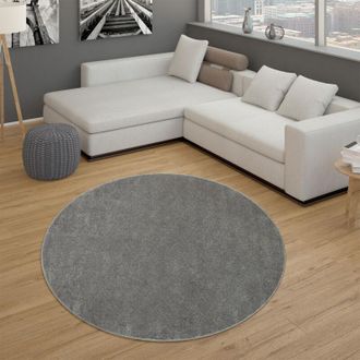 Paco Home Tappeto per soggiorno tinta unita pelo corto semplice e moderno, in grigio scuro &oslash; 200 cm tondo - Paco Home