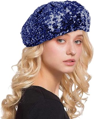 Generic Women Sparkly Sequins Beret Hat Shining Beanie Cap for Dancing Party Night Fancy Dress, Sparkly Shining Beanie Cap for Women Girls Halloween Festival 