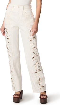 Paige Sawyer Embroidered Straight Leg Jeans in Tonal Ecru Embroidered at Nordstrom, Size 32