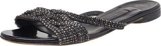 Gina Black Crystal Embellished Leather Flat Slides