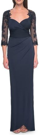 La Femme Long Jersey Evening Dress with Lace Sleeves in Navy at Nordstrom, Size 8