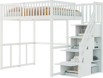 STILVORA Cama Alta 140 X 200 Cm Con Escalera De Almacenamiento Y Barandilla, Sin Colch&oacute;n, De Madera, Blanco