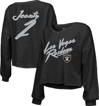 Majestic Threads Womens Majestic Threads Ashton Jeanty Black Las Vegas Raiders Name & Number Off-Shoulder Script Cropped Long Sleeve Relaxed V-Neck T-Shirt at