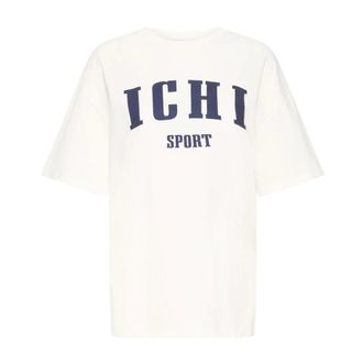 Ichi Ichi - Oversized Tee met Fijn Print - Dames - Tops - Beige - Maat: L Katoen