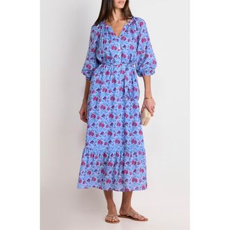 Vineyard Vines Floral Long Sleeve Cotton Blend Cover-Up Midi Dress in Floral Serenity Blue at Nordstrom, Size Medium