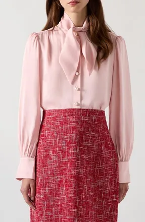 L.k. Bennett Hall Tie Neck Crepe Button-Up Shirt in Light Pink at Nordstrom, Size 6