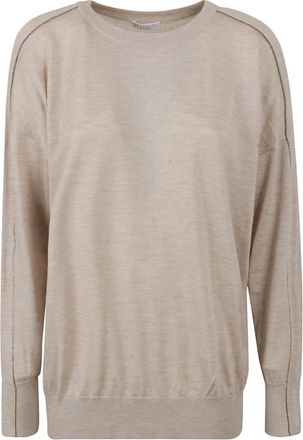 Brunello Cucinelli Trui met ribbels aan de zijkant en versiering - Dames - Cashmere truien - Beige - M - Kasjmier - Truien & Vesten