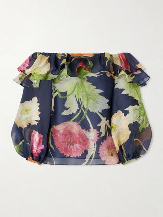Carolina Herrera Top A Spalle Scoperte In Organza Di Seta Floreale - Blu