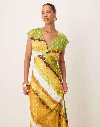 Never Fully Dressed Vestito verde metallizzato con stampa sfumata e gonna al polpaccio