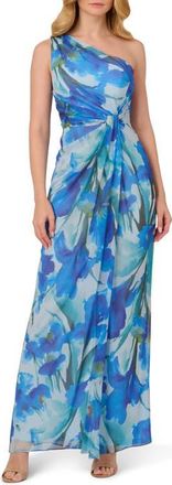 Adrianna Papell Draped One-Shoulder Chiffon Cocktail Dress in Blue Multi at Nordstrom, Size 12
