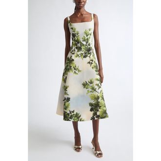 Oscar De La Renta Maple Leaves Faille Fit & Flare Midi Dress in Green Multi at Nordstrom, Size 10