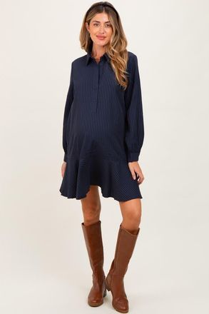 Pinkblush Striped Long Sleeve Drop Waist Polo Dress in Navy Blue at Nordstrom, Size Medium