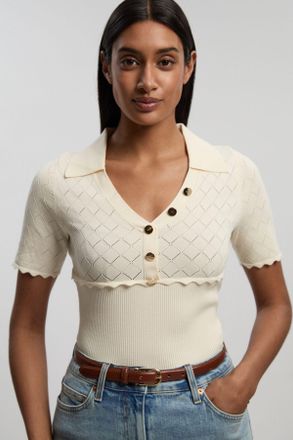 Karen Millen Womens Knit Stitch Detail Rib Collared Short Sleeve Top - Cream Polyamide - Size X-Small