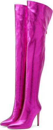 Generic Womens Stiletto High Heel Long Boots Pointed Toe Over The Knee Boots PU Leather Thigh High Boot with Zipper,Purple,2.5 UK