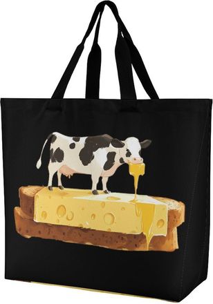 Generic Cow Stand on Toast Large Reusable Shopping Bag Lightweight Foldable Tote Bags Washable Shoulder Handbag