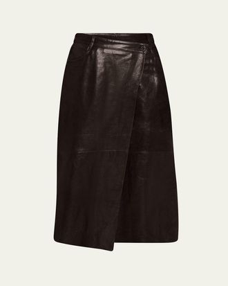 Brunello Cucinelli Shiny Leather Midi Wrap Skirt