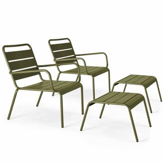 Oviala Lote de 2 sillones reclinables con reposapi&eacute;s de metal verde caqui